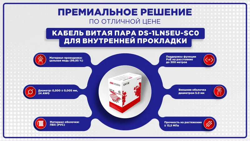 Премиальное решение для создания надёжной кабельной сети - витая пара DS-1LN5EU-SC0 от Hikvision