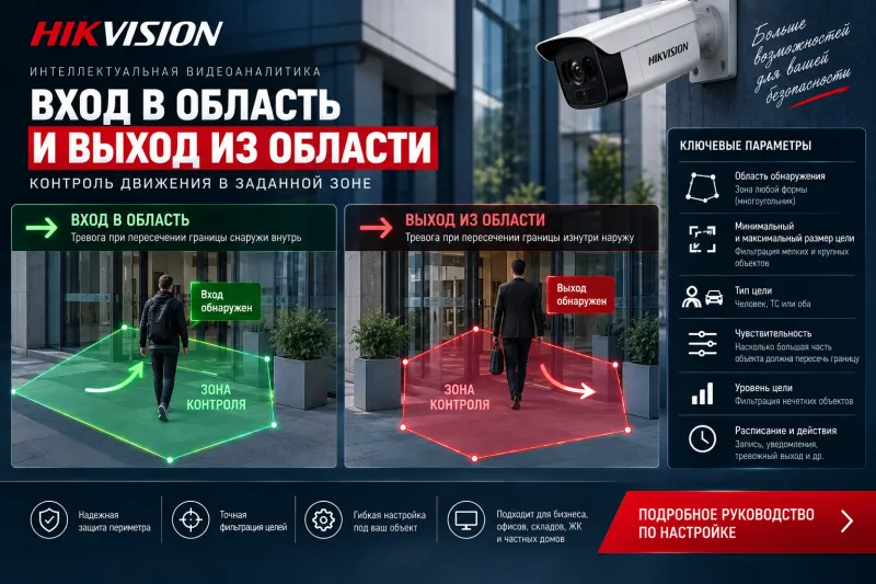 Настройка обнаружения входа в область и выхода из области на камерах Hikvision